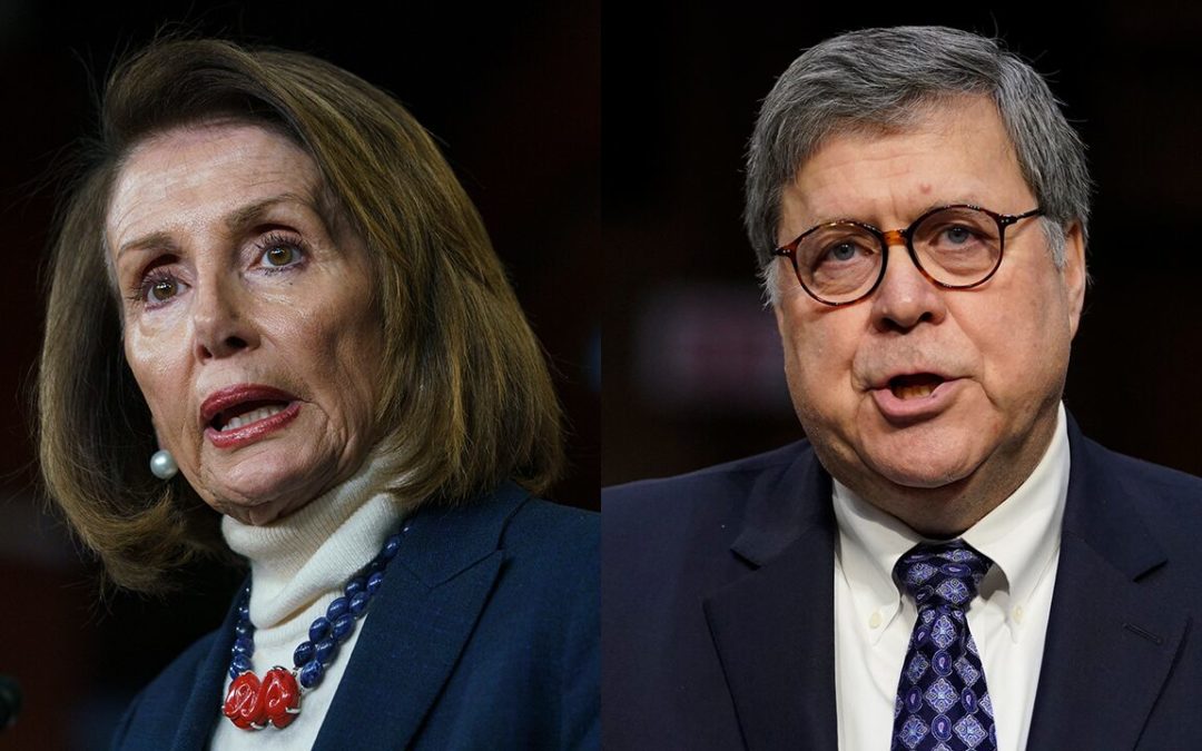 Barr teases Pelosi, asks if she brought her handcuffs on sidelines of DC event